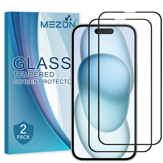 [2 Pack] MEZON Full Coverage Tempered Glass for iPhone 15 Plus (6.7") Crystal Clear Premium 9H HD Screen Protector