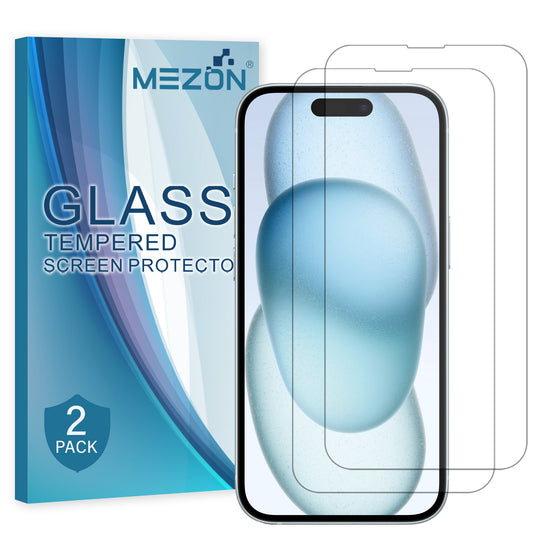 [2 Pack] MEZON Tempered Glass for iPhone 15 (6.1") Crystal Clear Premium 9H HD Case Friendly Screen Protector