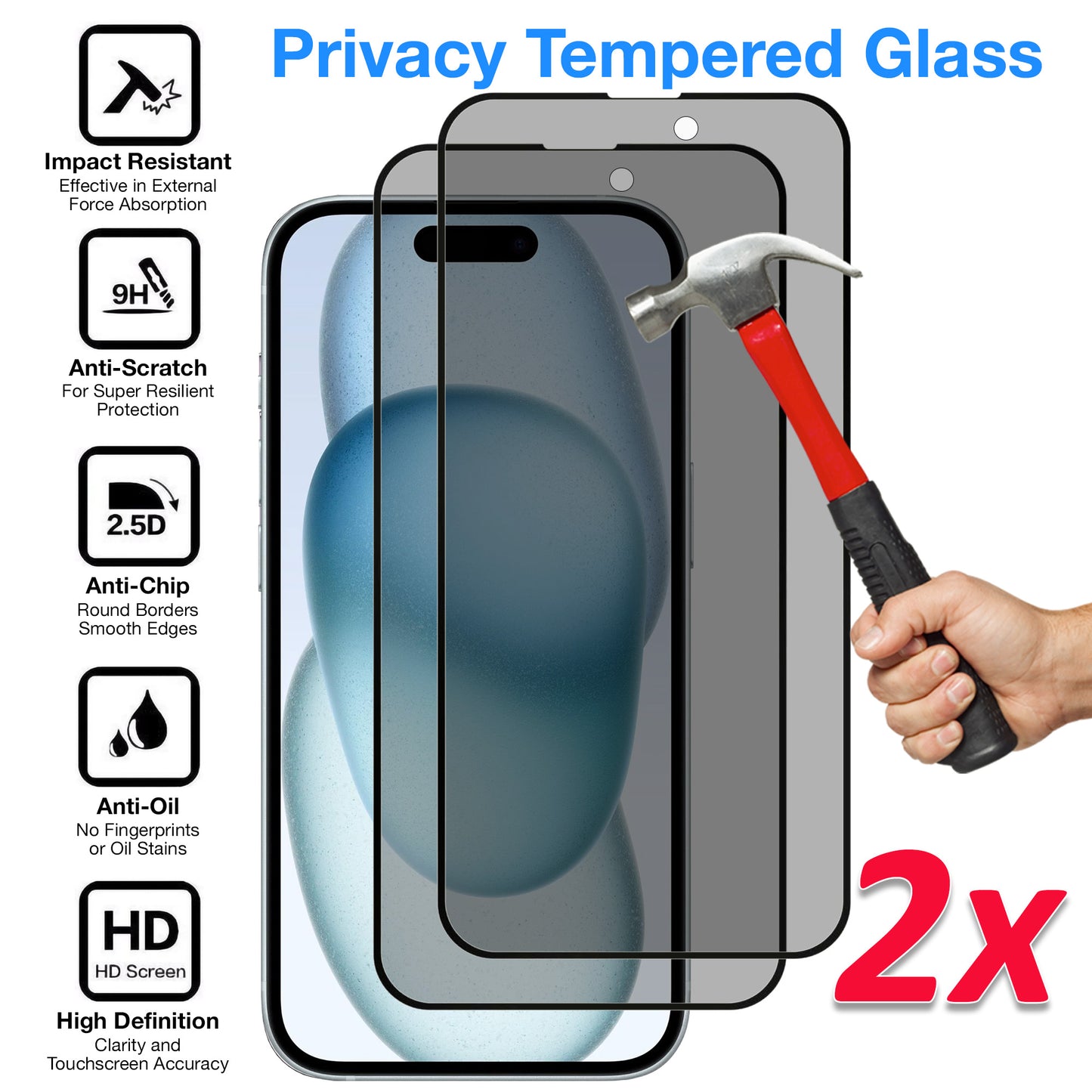 [2 Pack] MEZON Privacy Anti-Spy Full Coverage iPhone 15 (6.1") Tempered Glass Premium 9H HD Screen Protectors