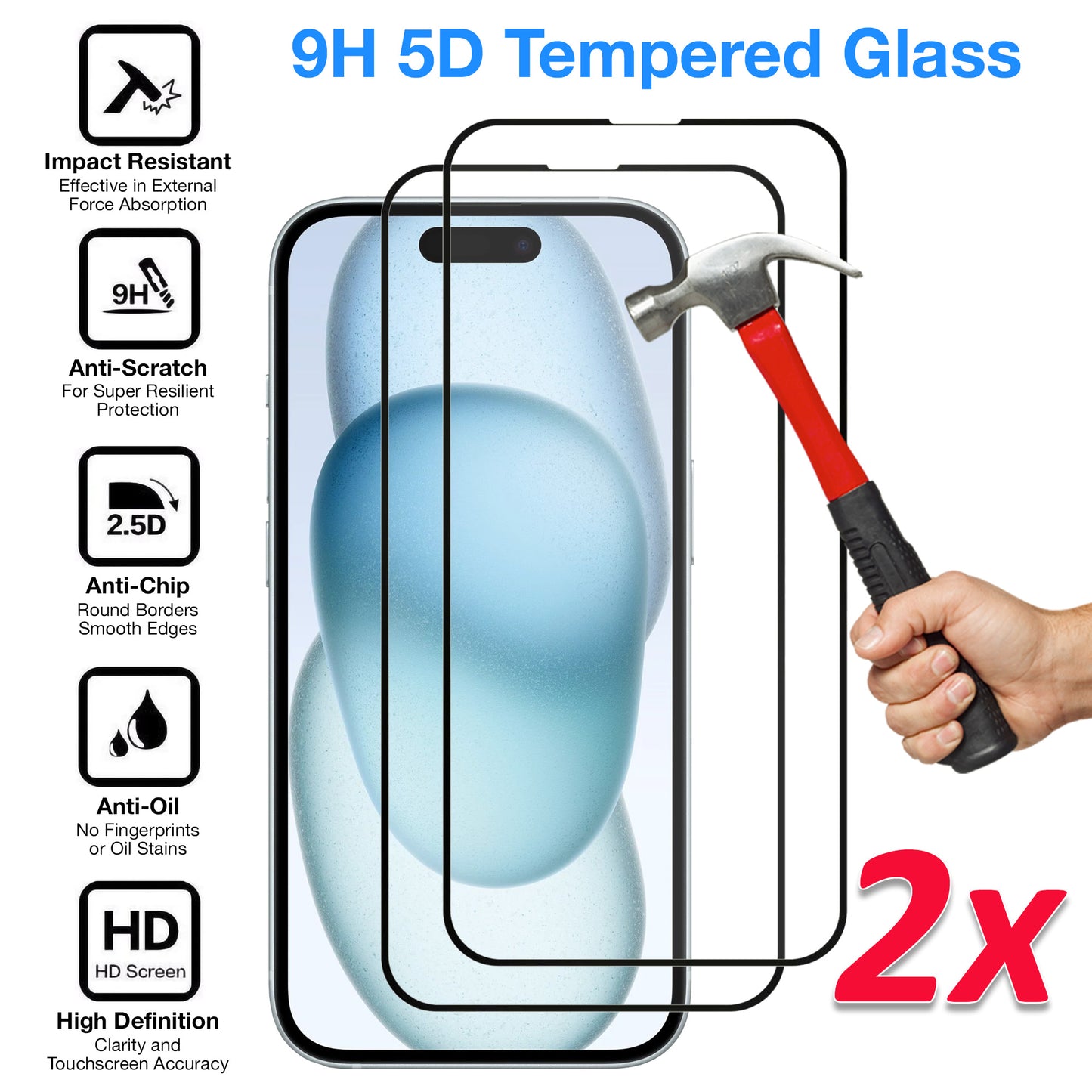 [2 Pack] MEZON Full Coverage Tempered Glass for iPhone 15 (6.1") Crystal Clear Premium 9H HD Screen Protector