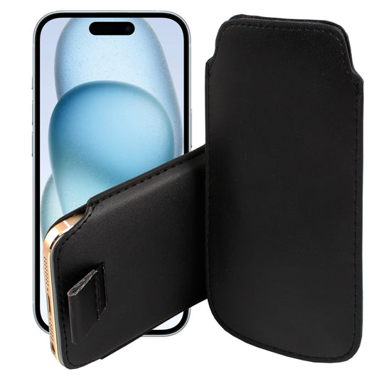 MEZON Pull Tab Slim Pouch for iPhone 15 (6.1") PU Leather Sleeve Case – Shock Absorption – Black