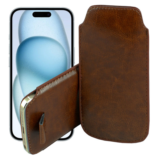 MEZON Pull Tab Slim Pouch for iPhone 15 (6.1") PU Leather Sleeve Case – Shock Absorption – Brown