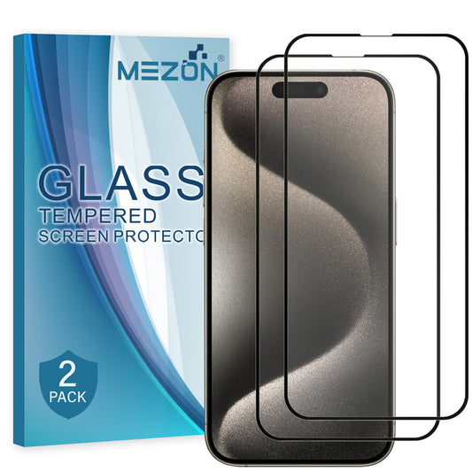 [2 Pack] MEZON Full Coverage Tempered Glass for iPhone 15 Pro (6.1") Crystal Clear Premium 9H HD Screen Protector