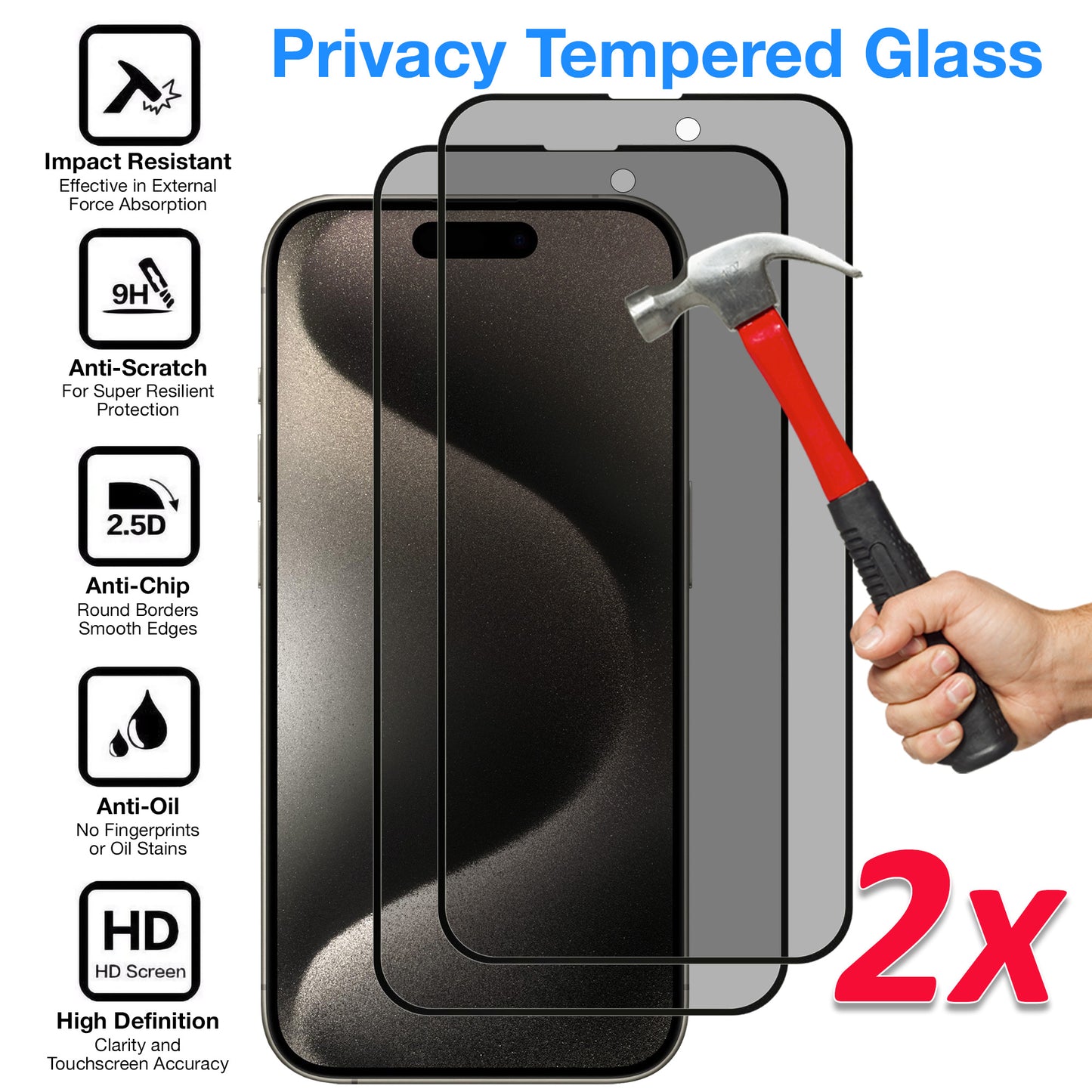 [2 Pack] MEZON Privacy Anti-Spy Full Coverage iPhone 15 Pro Max (6.7") Tempered Glass Premium 9H HD Screen Protectors