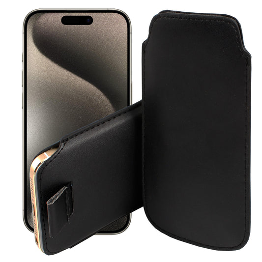 MEZON Pull Tab Slim Pouch for iPhone 15 Pro (6.1") PU Leather Sleeve Case – Shock Absorption – Black