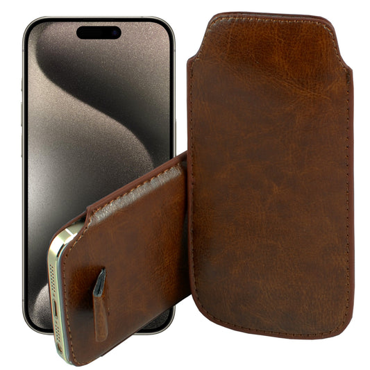 MEZON Pull Tab Slim Pouch for iPhone 15 Pro (6.1") PU Leather Sleeve Case – Shock Absorption – Brown