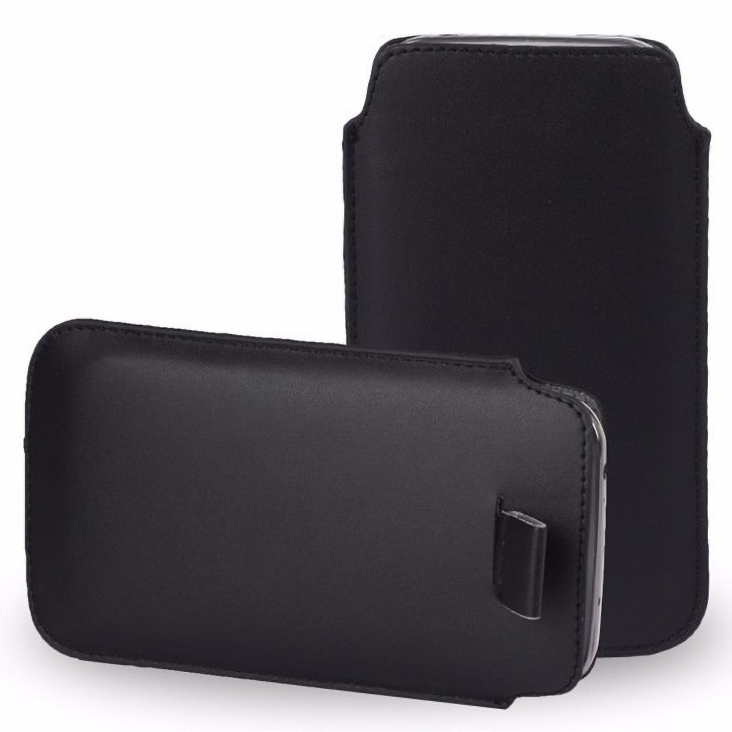 MEZON Pull Tab Slim Pouch for iPhone 15 Pro (6.1") PU Leather Sleeve Case – Shock Absorption – Black