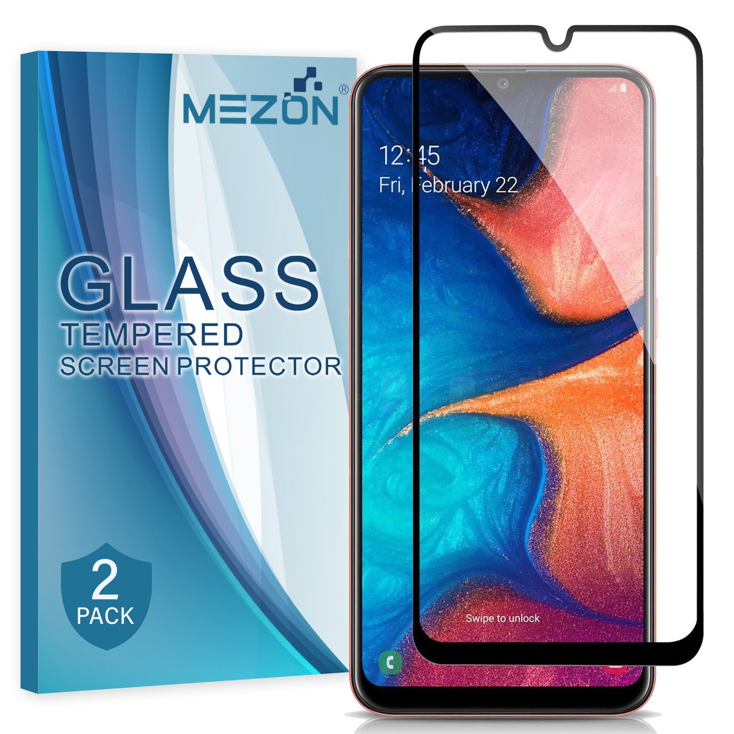 [2 Pack] MEZON Full Coverage Samsung Galaxy A20 Tempered Glass Crystal Clear Premium 9H HD Screen Protector (A20, 9H Full)