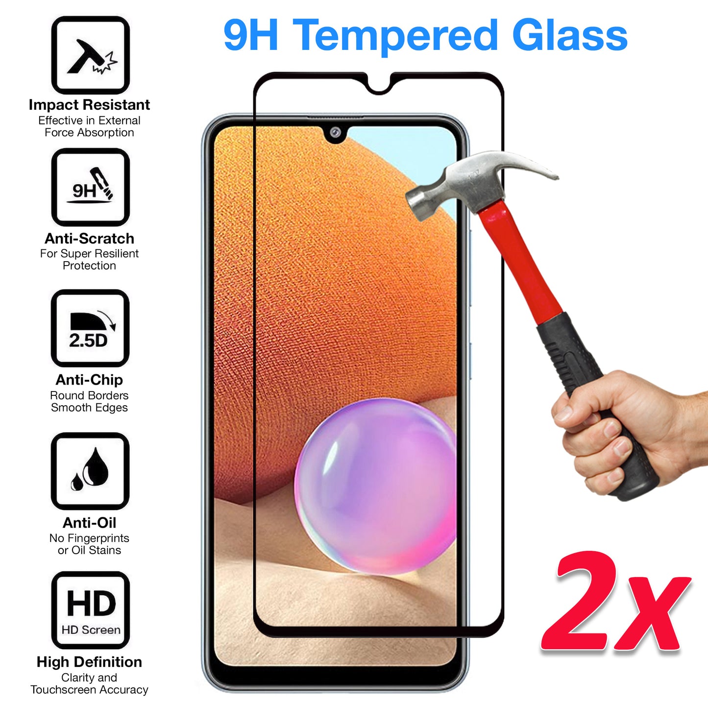 [2 Pack] MEZON Full Coverage Samsung Galaxy A32 4G Tempered Glass Crystal Clear Premium 9H HD Screen Protector (A32, 9H Full)