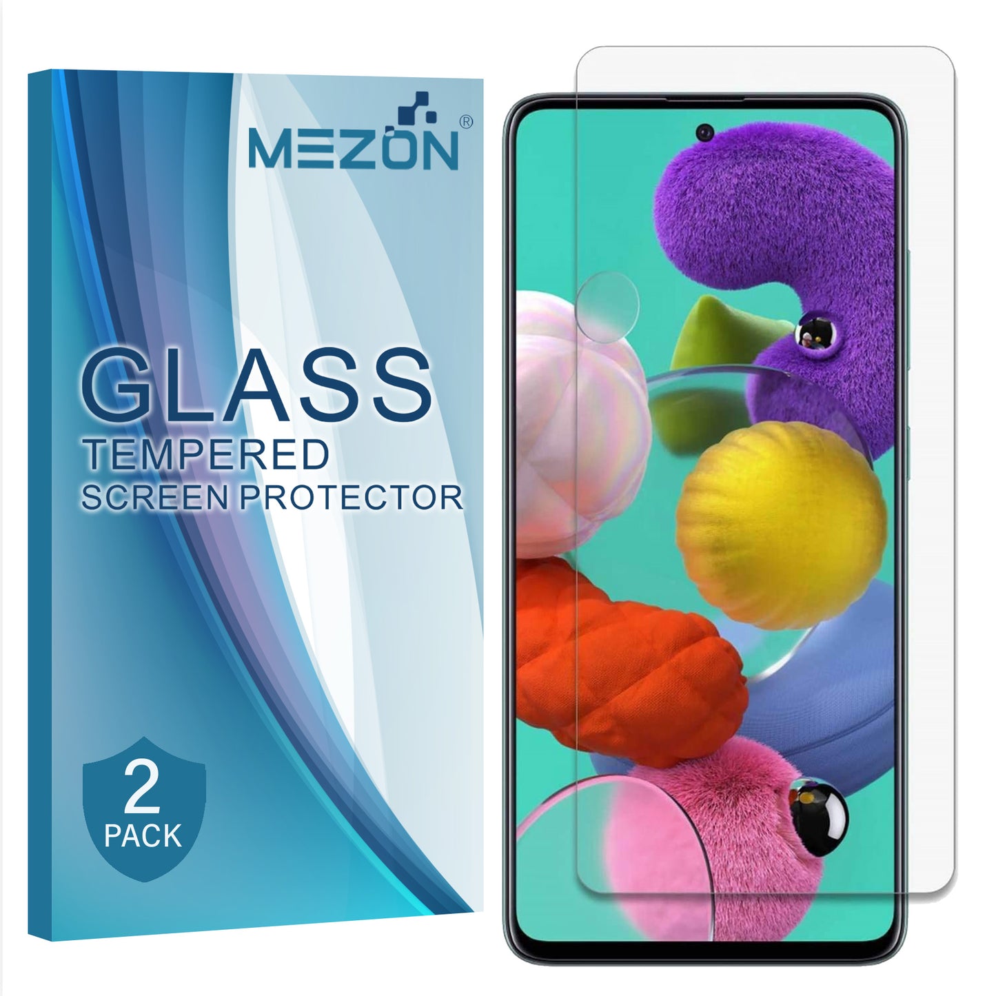 [2 Pack] MEZON Samsung Galaxy A51 Tempered Glass Crystal Clear Premium 9H HD Case Friendly Screen Protector (A51, 9H)