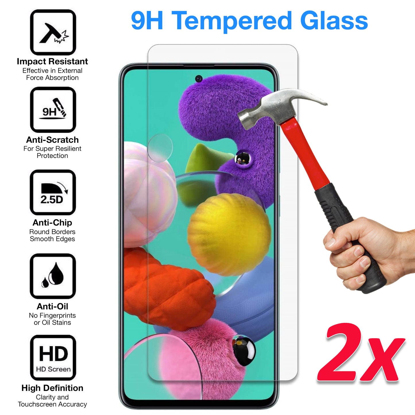 [2 Pack] MEZON Samsung Galaxy A51 Tempered Glass Crystal Clear Premium 9H HD Case Friendly Screen Protector (A51, 9H)
