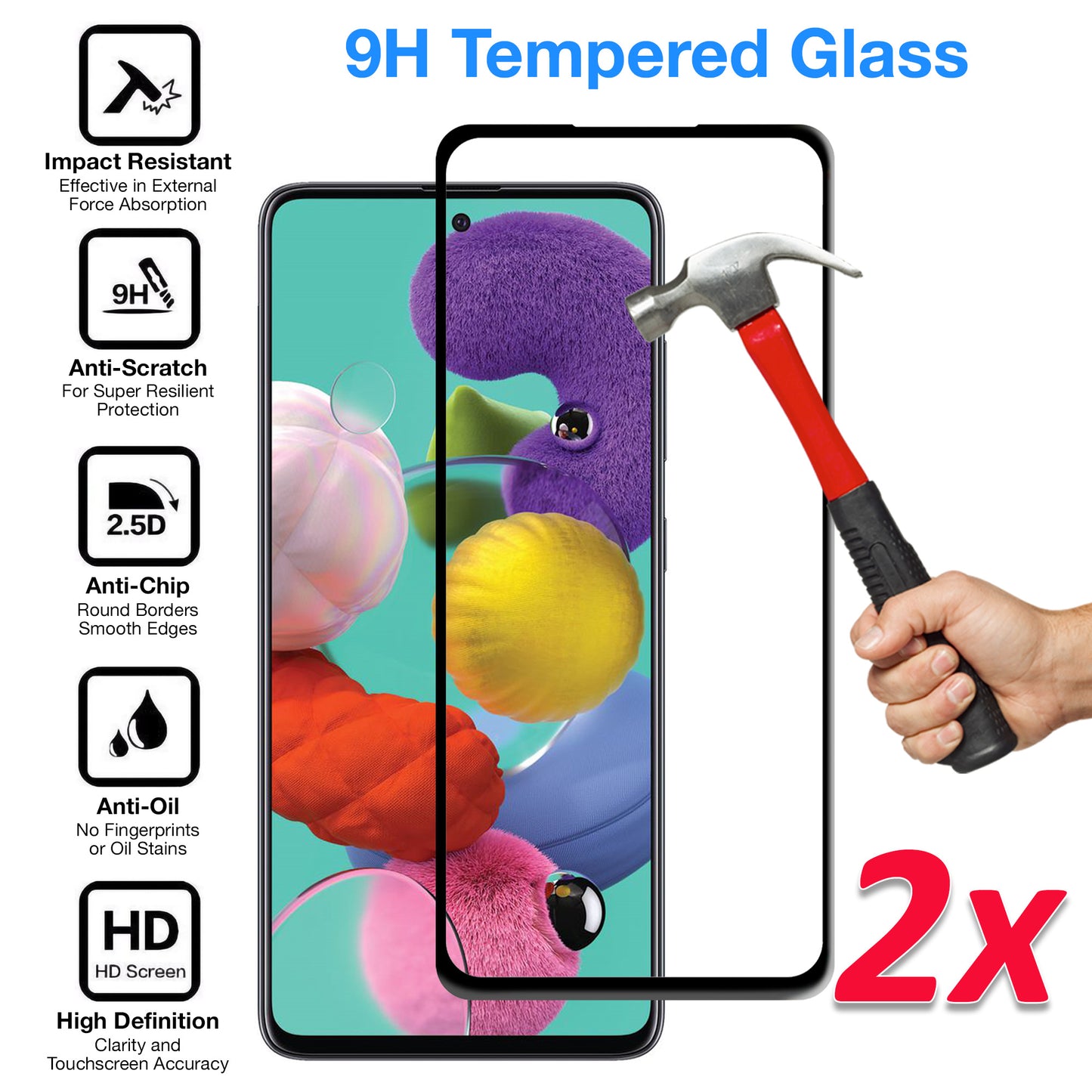 [2 Pack] MEZON Full Coverage Samsung Galaxy A51 Tempered Glass Crystal Clear Premium 9H HD Screen Protector (A51, 9H Full)