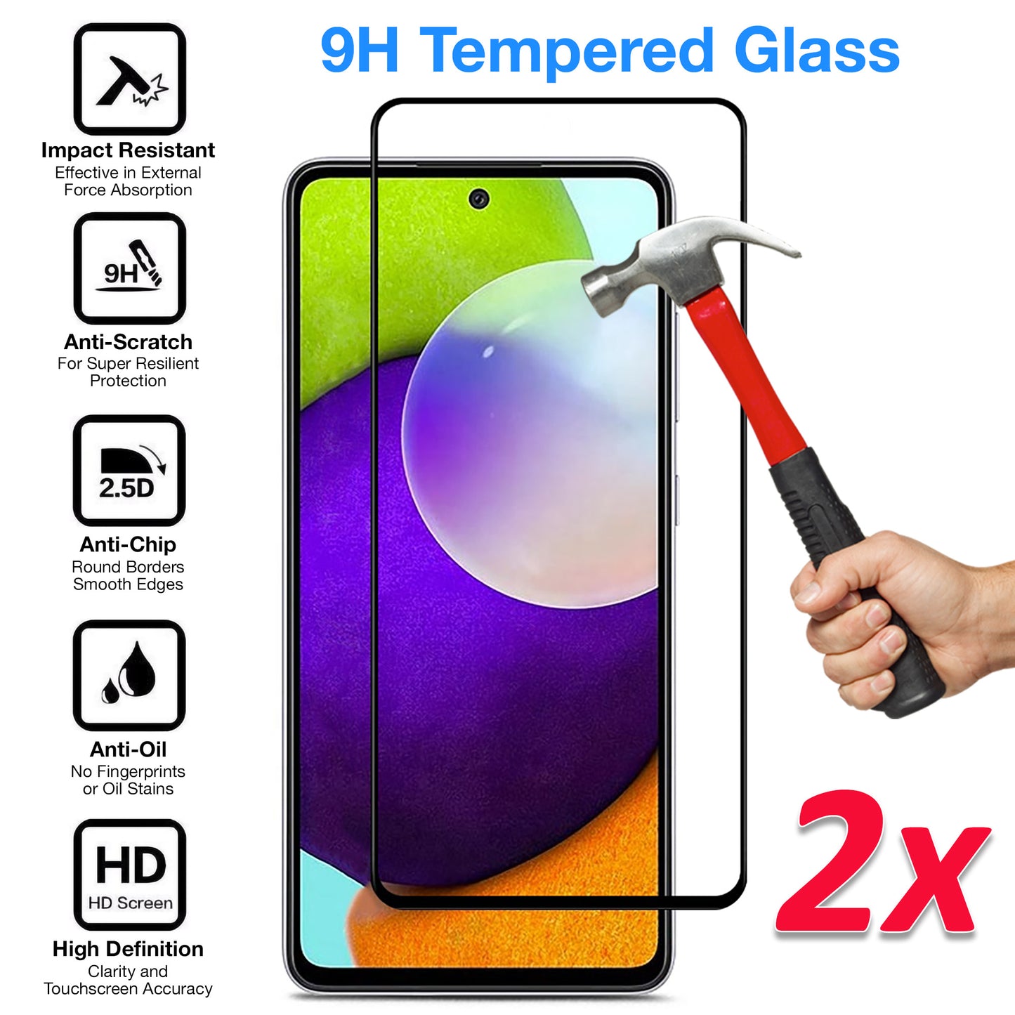 [2 Pack] MEZON Full Coverage Samsung Galaxy A52 Tempered Glass Crystal Clear Premium 9H HD Screen Protector (A52, 9H Full)