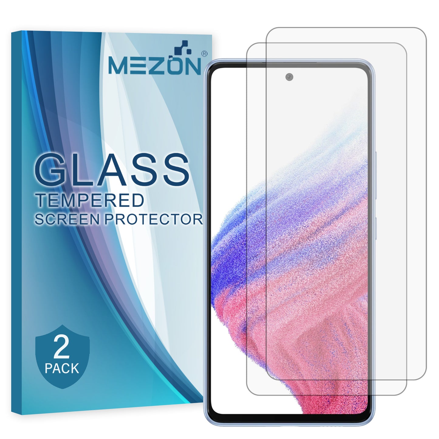 [2 Pack] MEZON Samsung Galaxy A53 5G Tempered Glass Crystal Clear Premium 9H HD Case Friendly Screen Protector (A53 5G, 9H)