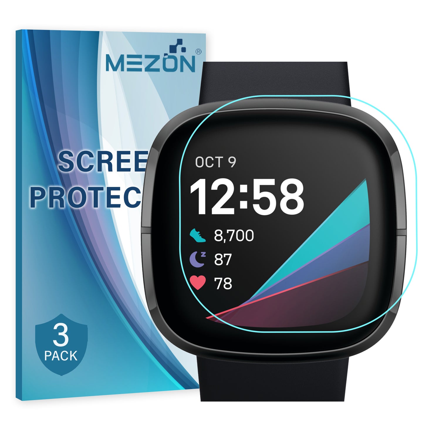[3 Pack] MEZON Fitbit Sense Ultra Clear Screen Protector TPU Film for Fitness Tracker Shock Absorption (Sense, Clear)