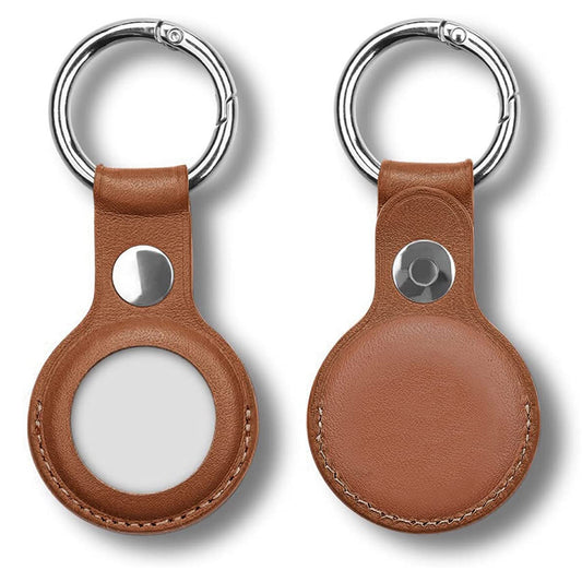 [2 Pack] MEZON Brown PU Leather Protective Case Holder for Apple AirTag Tracker with Keychain Ring (Leather, 2x Brown)
