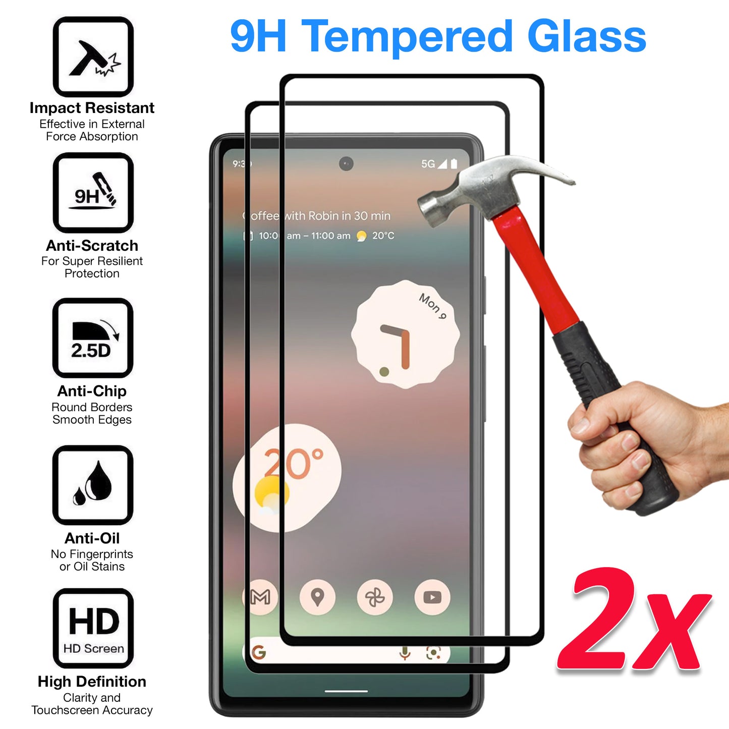 [2 Pack] MEZON Google Pixel 6a (6.1") Tempered Glass Full Coverage Crystal Clear Premium 3D Edge 9H HD Screen Protector