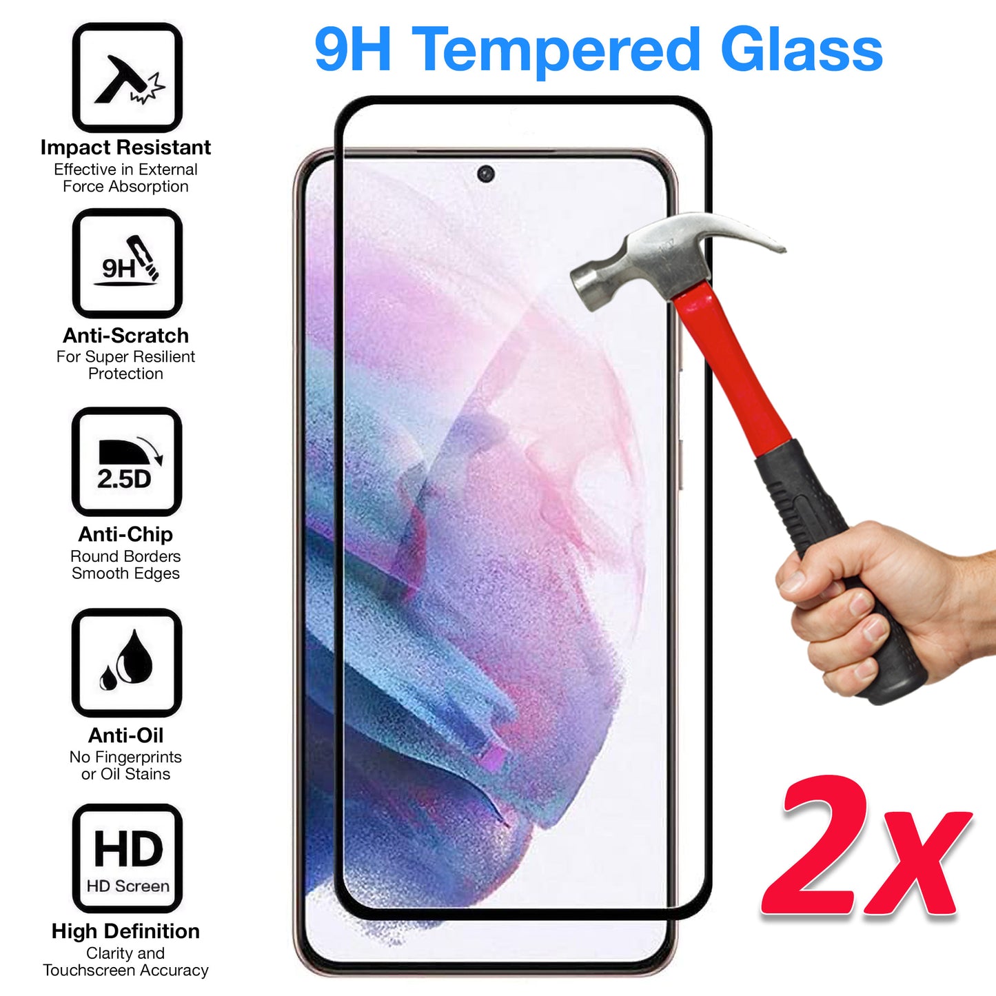 [2 Pack] MEZON Full Coverage Samsung Galaxy S21 5G Tempered Glass Crystal Clear Premium 9H HD Screen Protector (S21, 9H Full)