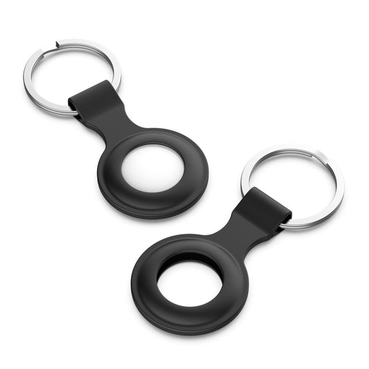 [2 Pack] MEZON Black Silicone Protective Case Holder for Apple AirTag Tracker with Keychain Ring (Silicone Hole, 2x Black)