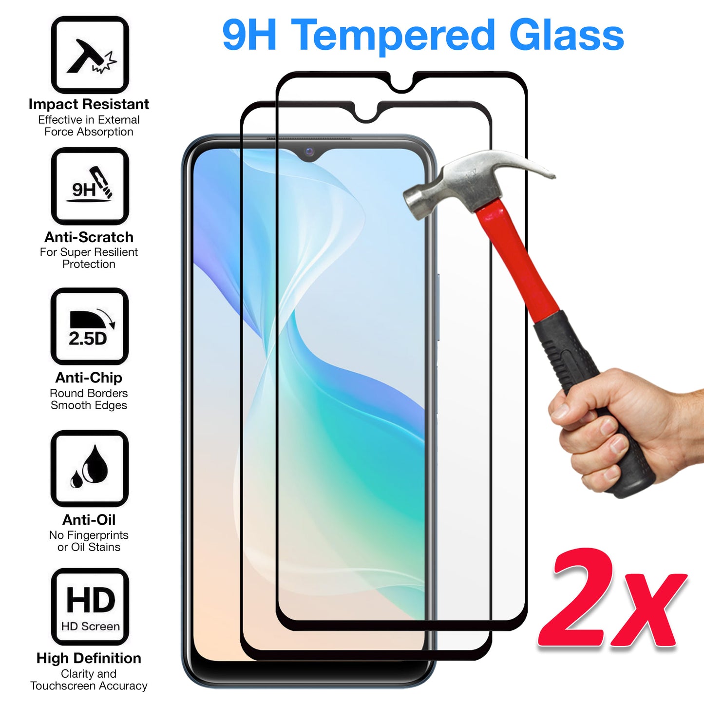 [2 Pack] MEZON Full Coverage Vivo Y55 5G Tempered Glass Crystal Clear Premium 9H HD Screen Protector (Vivo Y55 5G, 9H Full)