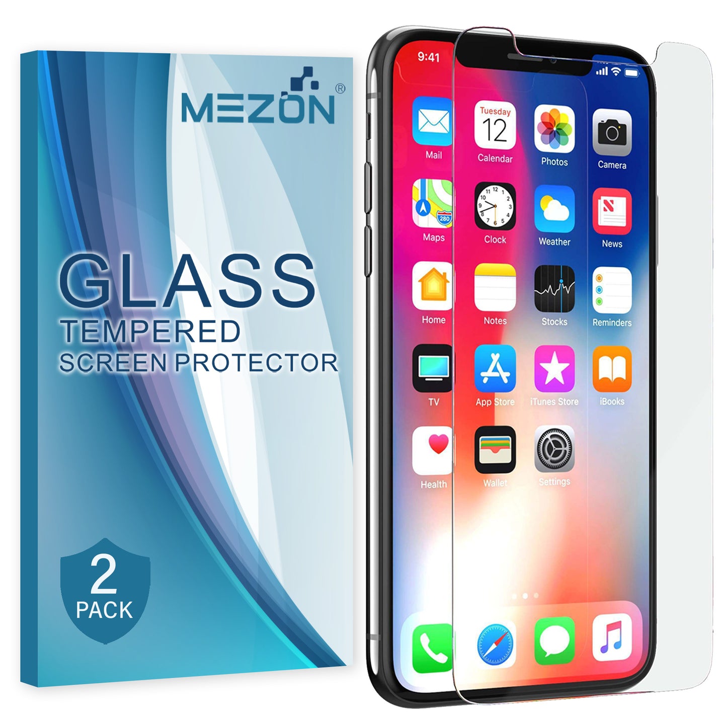 [2 Pack] MEZON Apple iPhone X (5.8") Tempered Glass Crystal Clear Premium 9H HD Case Friendly Screen Protector (iPhone X, 9H)