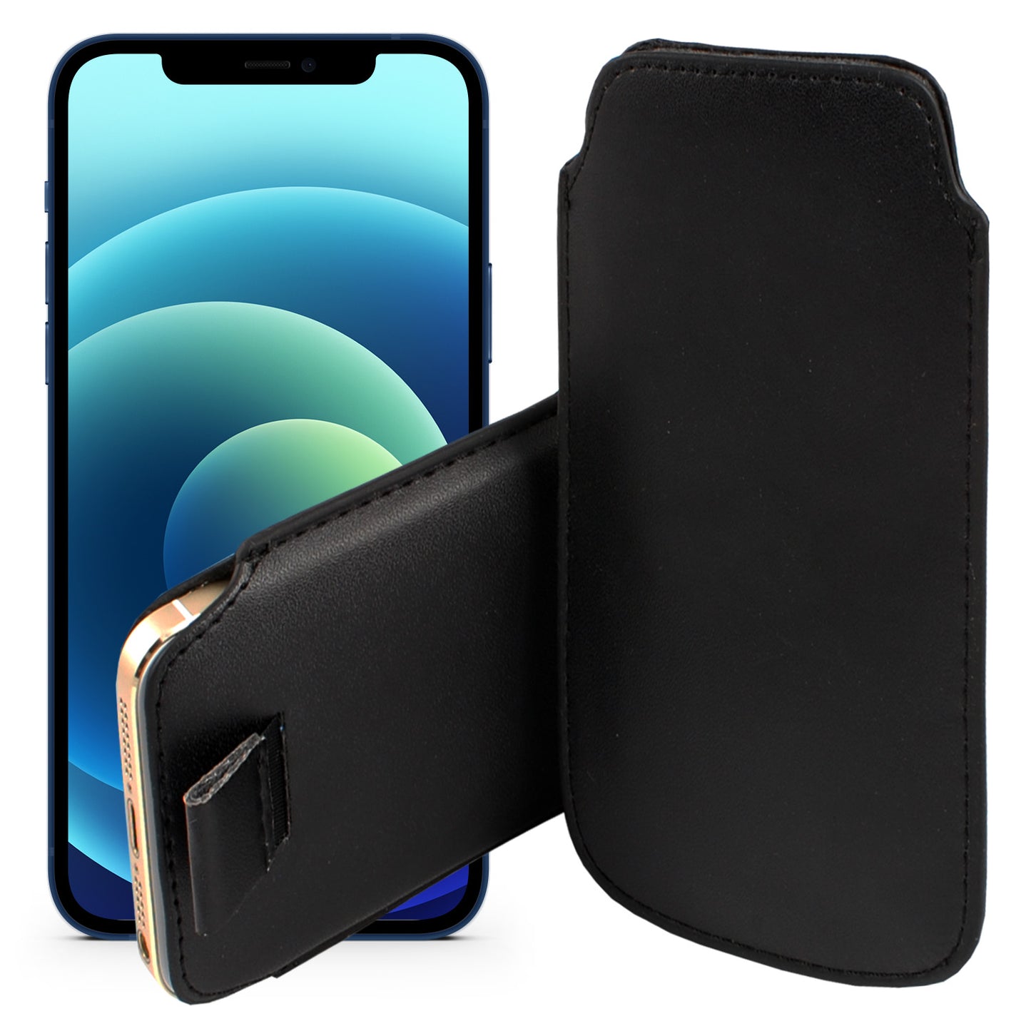 MEZON Pull Tab Slim Pouch for iPhone 13 Mini (5.4") PU Leather Sleeve Case – Shock Absorption – Black