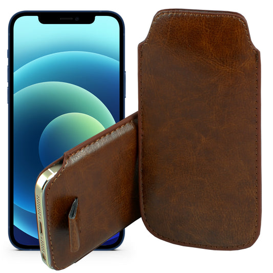 MEZON Pull Tab Slim Pouch for iPhone 13 (6.1") PU Leather Sleeve Case – Shock Absorption – Brown