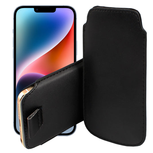 MEZON Pull Tab Slim Pouch for iPhone 14 (6.1") PU Leather Sleeve Case – Shock Absorption – Black