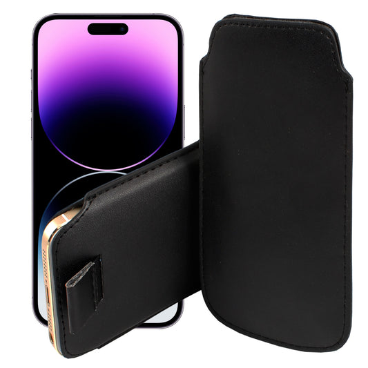 MEZON Pull Tab Slim Pouch for iPhone 14 Pro (6.1") PU Leather Sleeve Case – Shock Absorption – Black