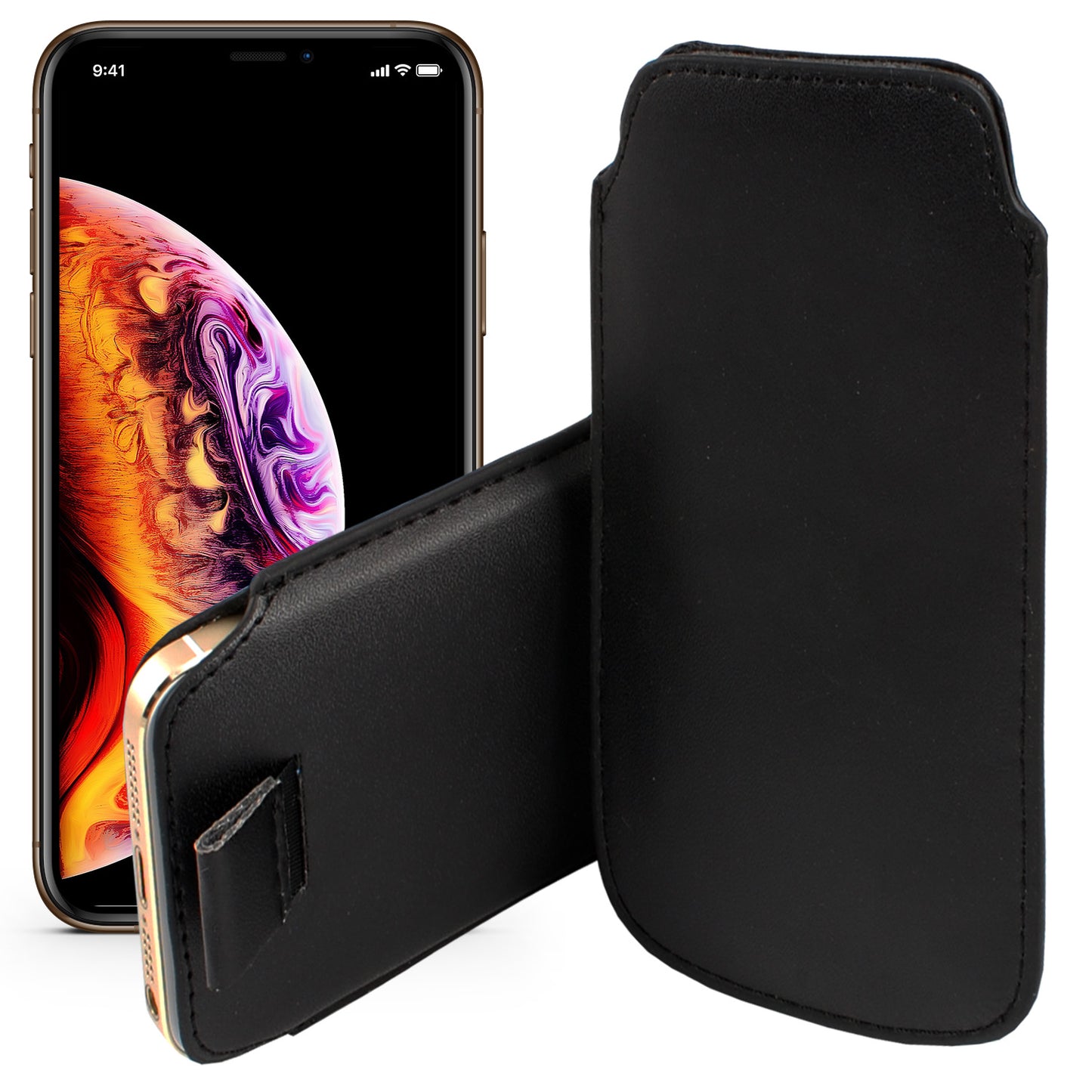 MEZON Apple iPhone 11 Pro Max (6.5") Black Pull Tab Slim Faux Leather Pouch Sleeve Case Wireless Charging Compatible
