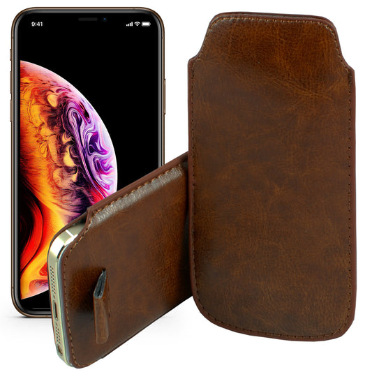 MEZON Apple iPhone XR (6.1") Brown Pull Tab Slim Faux Leather Pouch Sleeve Case Wireless Charging Compatible (iPhone XR, Brown)