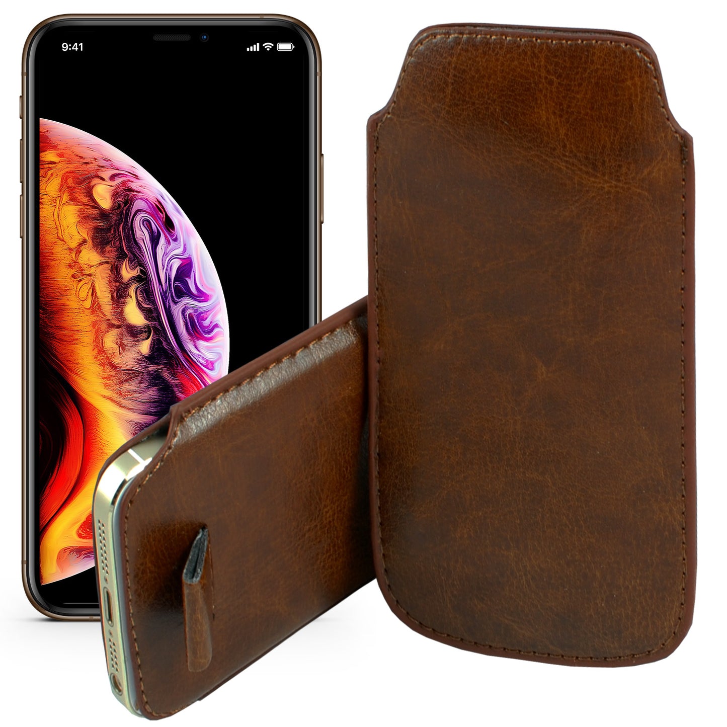 MEZON Apple iPhone 8 Plus (5.5") Brown Pull Tab Slim Faux Leather Pouch Sleeve Case Wireless Charging Compatible