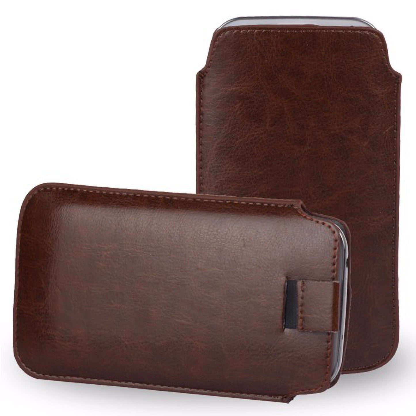 MEZON Pull Tab Slim Pouch for iPhone 14 (6.1") PU Leather Sleeve Case – Shock Absorption – Brown